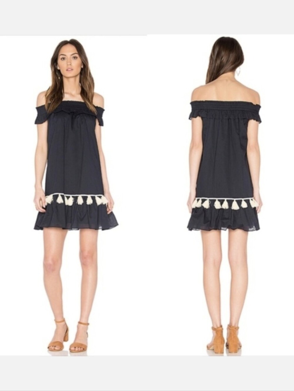 MISA Los Angeles Gia Off The Shoulder Tassel Mini Dress Navy Blue